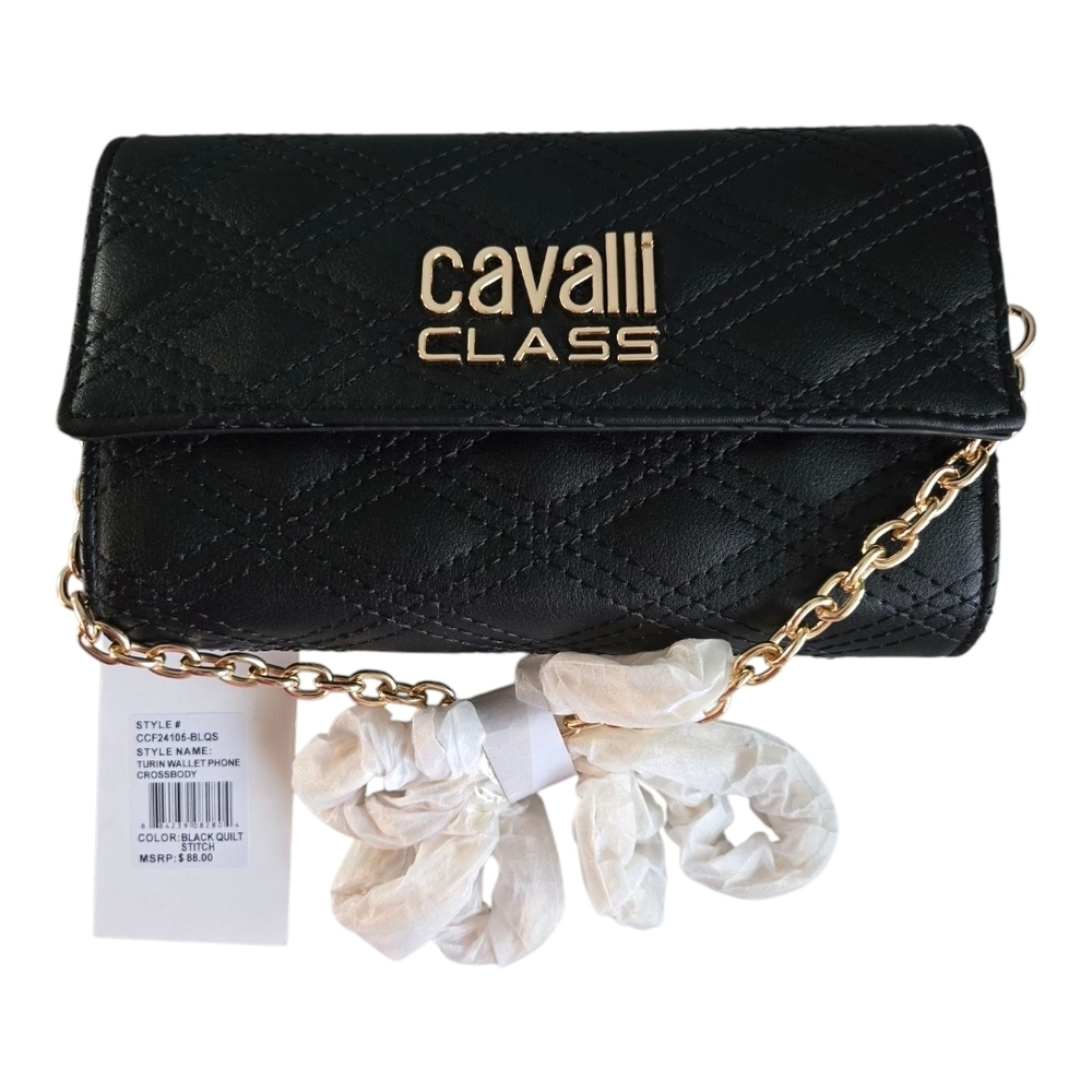 NWT Cavalli Class Black Quilted Crossbody Bag with Gold Chain